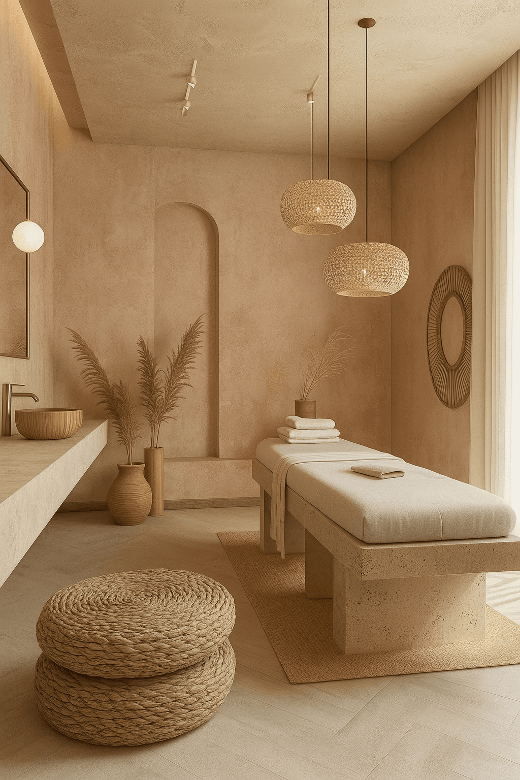Good Massage interior with wicker pendant lights, comfortable seating, and natural textures